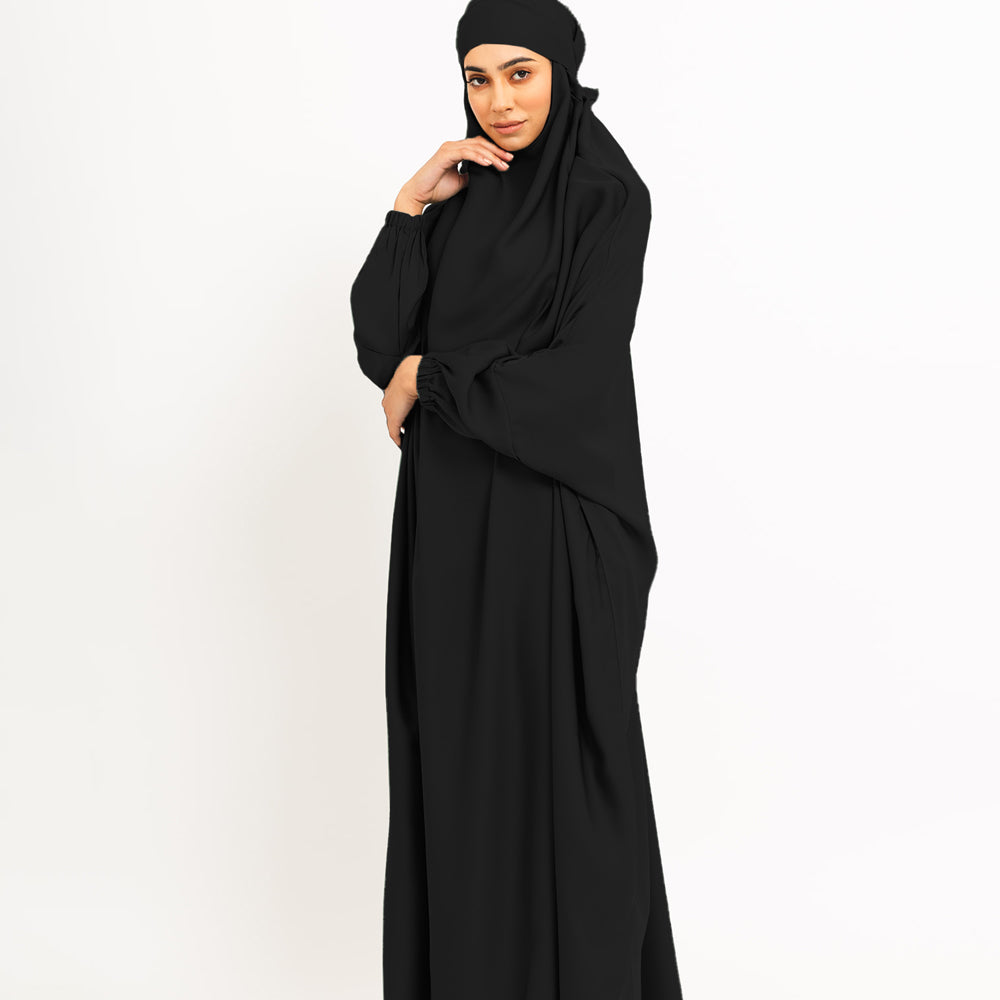 Khimar nero con polsini elastici e laccio sul retro
