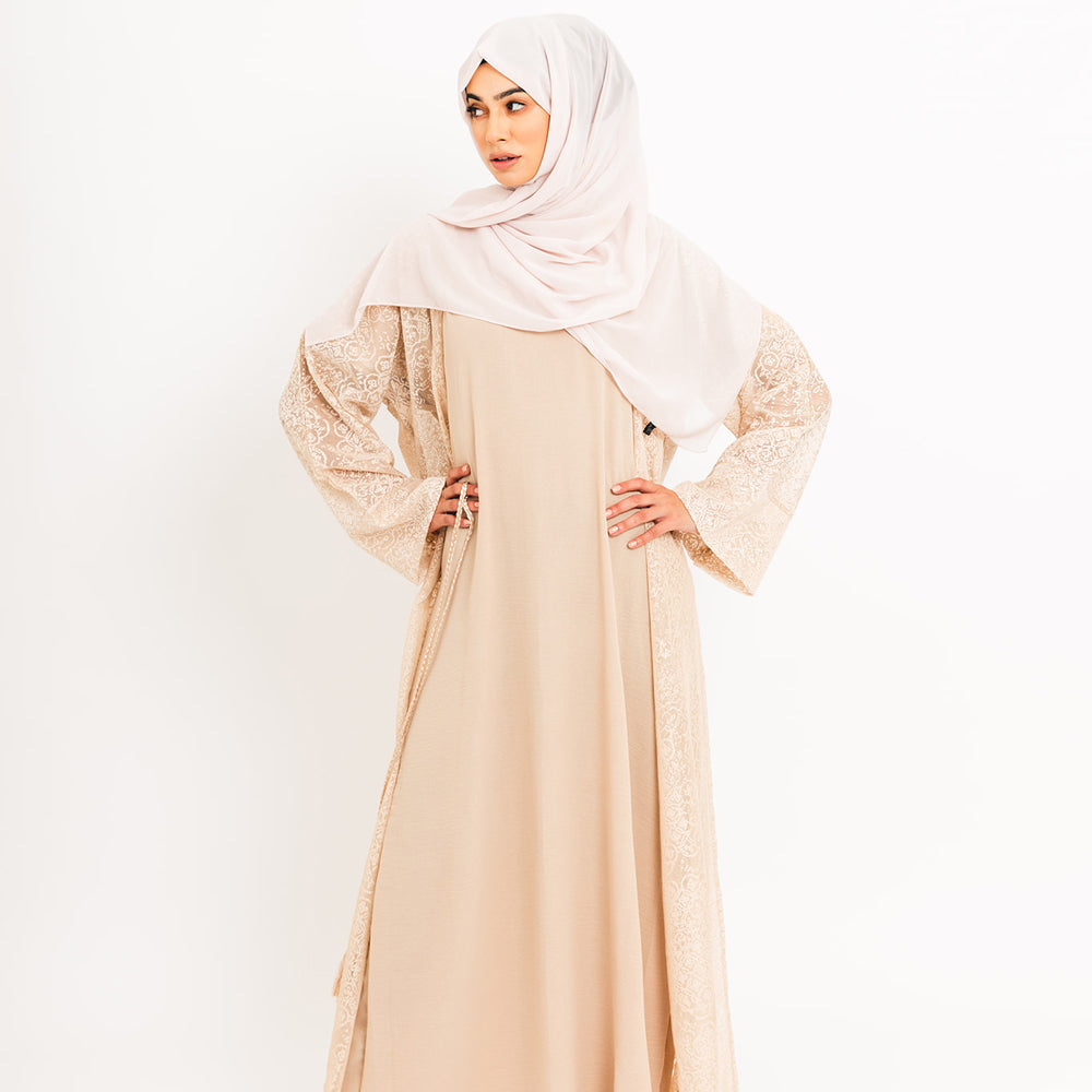 Abaya aperto in pizzo color crema